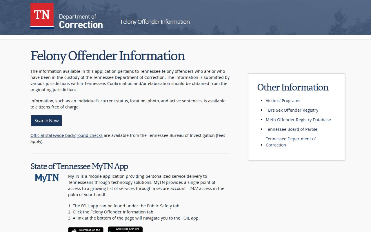 Tennessee Felony Offender Information Locator page