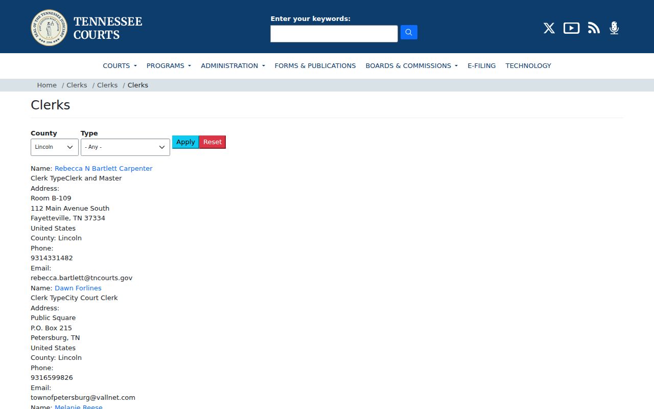 Tennessee courts Lincoln County clerk directory